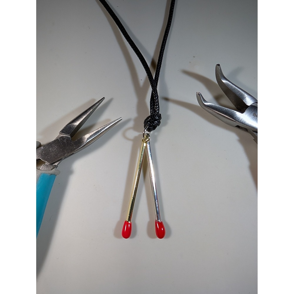 Handmade Matchstick Pendant Necklace Adjustable Black Cord Two Matches Red‎ Tips